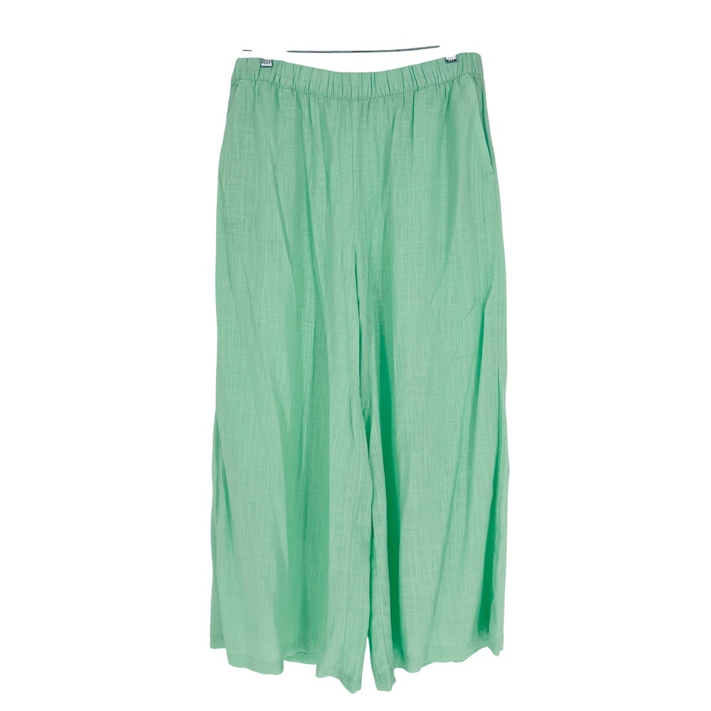 Wonderly Wide Leg Pants Womens Large Green Linen Blend Elastic Waist Pocket Boho